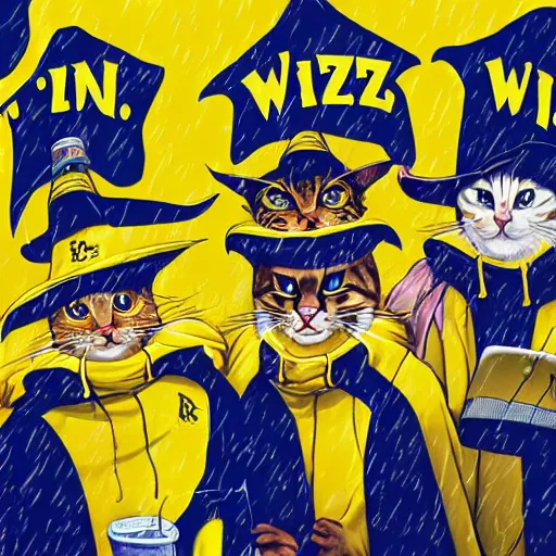 Image similar to cat wizards dressed in yellow raincoats. A banner that reads 'Wiz Biz only, Fools' adorns the back wall. Hypermaximalistic, hyper detailed 4k resolution photo realistic