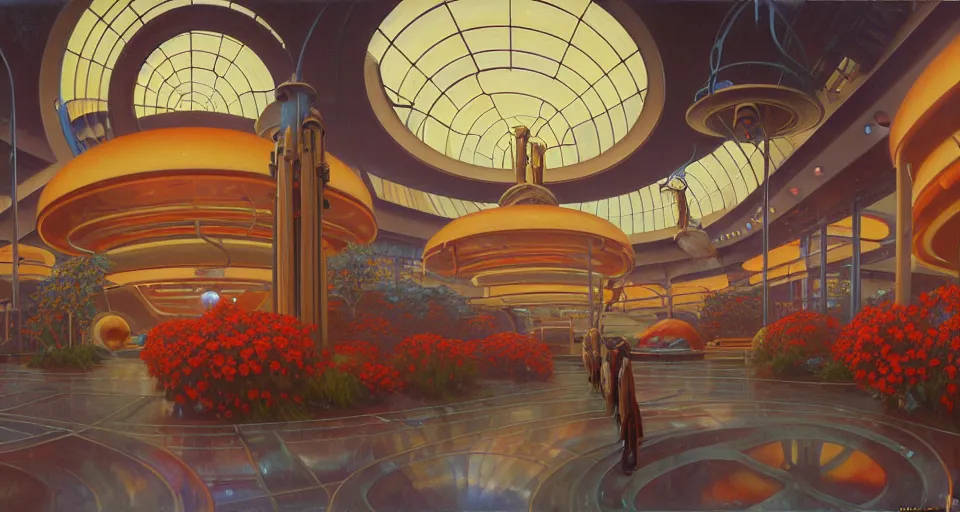 Image similar to a minimalist oil painting by donato giancola, warm coloured, cinematic scifi bioluminescent luxurious futuristic foggy steam filled art deco garden circular shopping mall interior with microscopy minimalist giant windows flowers growing out of pretty bulbous ceramic fountains, gigantic pillars and flowers, maschinen krieger, beeple, star trek, star wars, ilm, star citizen