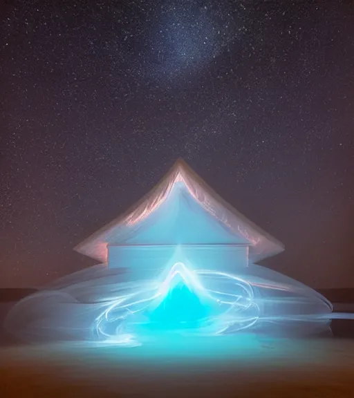 Image similar to lokah samastah sukhino bhavantu, light painting, iridescent, volumetric lighting, ethereal light, hyperrealistic, at night, epic, masterpiece, by reuben wu