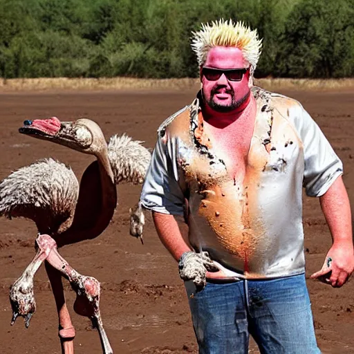 Prompt: guy fieri high mud wrestling an ostrich