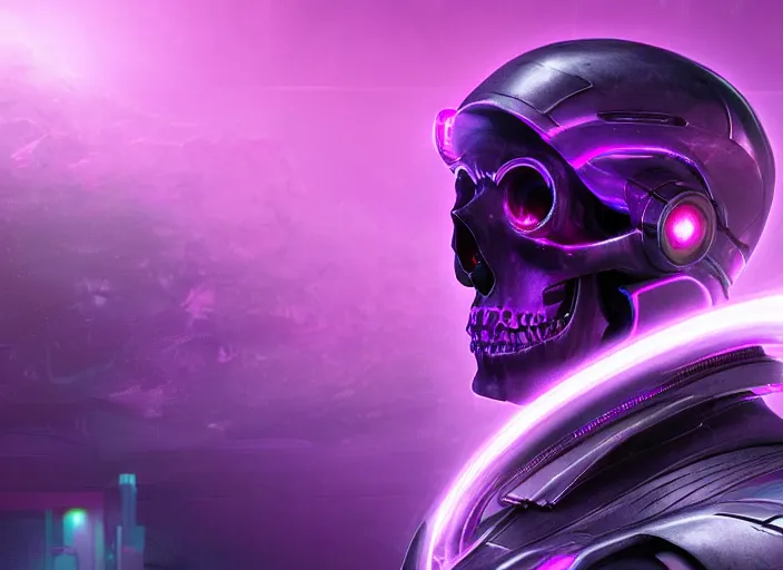 Prompt: a futuristic skull with glowing eyes and a purple background, cyberpunk art by android jones, behance contest winner, computer art, darksynth vaporwave, rendered in cinema 4 d