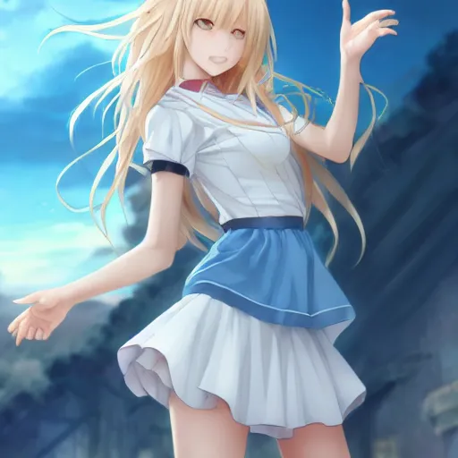 Image similar to a very beautiful anime cute girl, full body, long wavy blond hair, sky blue eyes, full round face, short smile, fancy top, miniskirt, front view, medium shot, mid-shot, highly detailed, cinematic wallpaper by Stanley Artgerm Lau