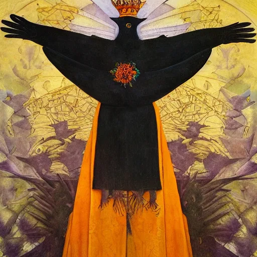 Prompt: portrait of a crow wearing a crown, by Diego Rivera and Annie Swynnerton and Maxfield Parrish, symbolist, dramatic lighting, embroidered brocade robes, god rays, rich colors,smooth, sharp focus, extremely detailed