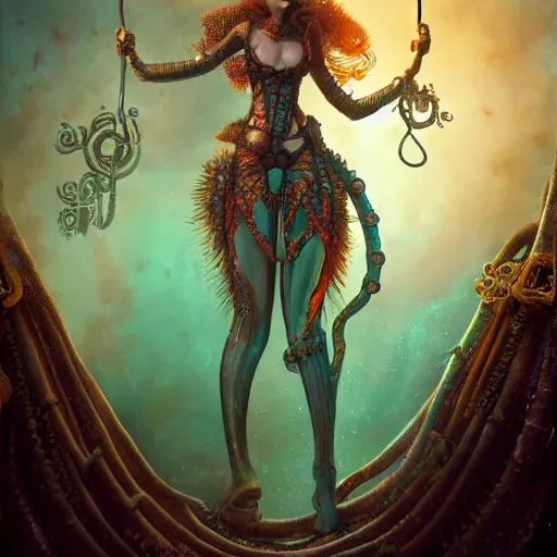 Image similar to photorealistic soft paint underwater render of a curiosities carnival single female in a full steampunk armor, multiples very long tentacles, partial symmetry accurate features, ominous depths, elegance, refractions, reflections, focus, rainbow lighting, very high details, award winning masterpiece, octane, artstation, squids, by tom bagshaw