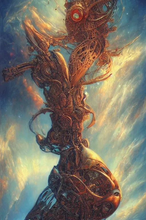 Image similar to now is the time to relaunch the dream weapon, by artgerm and yoshitaka amano and moebius and hr giger and zdislaw beksinski, hyperdetailed, surreal, dc comics, ornate, stunning, nebula, explosions in the sky, trending on artstation