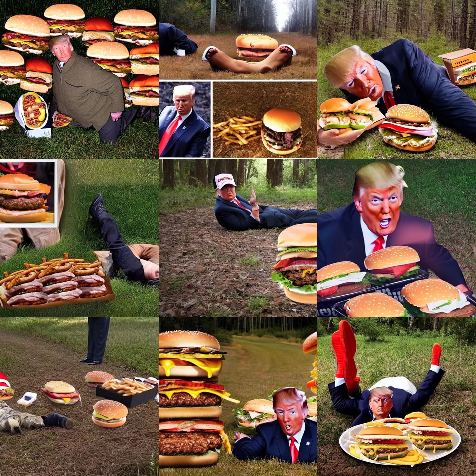 Prompt: trail cam photo of Donald Trump laying on the ground surrounded by burgers