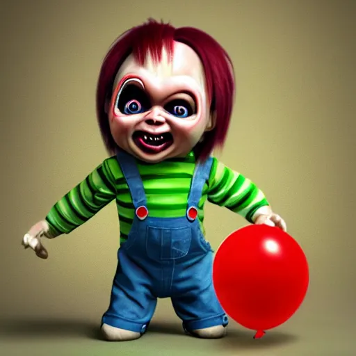 Image similar to screaming chucky doll in shape of balloons octane render