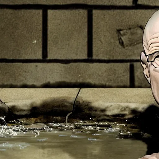 Prompt: Walter white hiding in a sewer, photorealistic, 4k