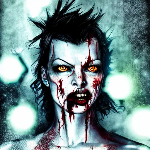 Image similar to angry zombie portrait of milla jovovich, a urban city background, grimdark horror, stylized digital illustration, radiating a glowing aura, global illumination, ray tracing, hdr, fanart arstation by ian pesty and katarzyna bek - chmiel