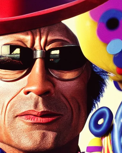 Image similar to Film still close-up shot of Dwayne Johnson as Willy Wonka from the movie Willy Wonka & The Chocolate Factory. Photographic, photography