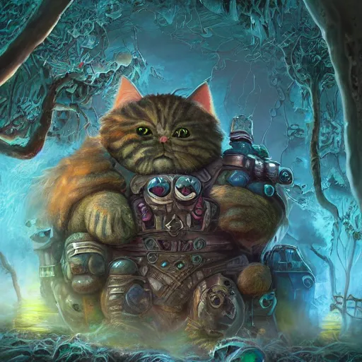 Image similar to rescue from the underworld, shadows of the past, The Mekanik Doll, chubby moss kitten, by jeff easley and Dylan Kowalski, highly detailed, digital painting, HDRI, by vivid colors, high contrast, 8k resolution, intricate, beautiful and thematically complex, smooth