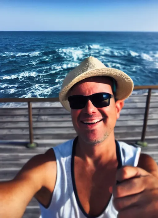 Prompt: iphone selfie of a man on the boardwalk with the ocean in the background