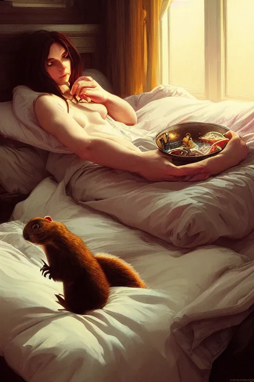 Image similar to groundhog cooking heroin lies on the bed, realistic portrait, highly detailed, digital painting, artstation, concept art, smooth, sharp focus, illustration, cinematic lighting, art by artgerm and greg rutkowski and alphonse mucha