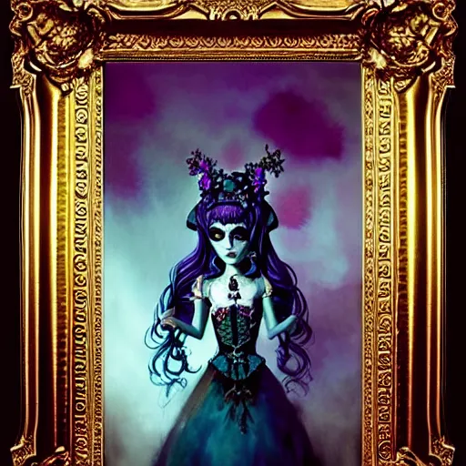 Image similar to baroque bedazzled gothic royalty frames surrounding a watercolor portrait of monster high draculaura doll, stephen bliss, unreal engine, by greg rutkowski, loish, rhads, makoto shinkai and lois van baarle, ilya kuvshinov, rossdraws, global illumination, radiant light, detailed and intricate environment, watercolor lighting