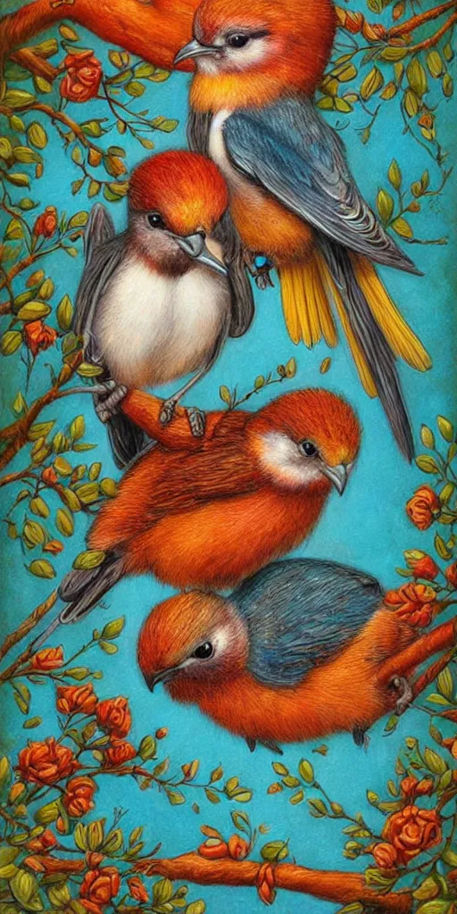 Prompt: greeting card, love, beautiful birds, by greg simkins, warm colors, cozy