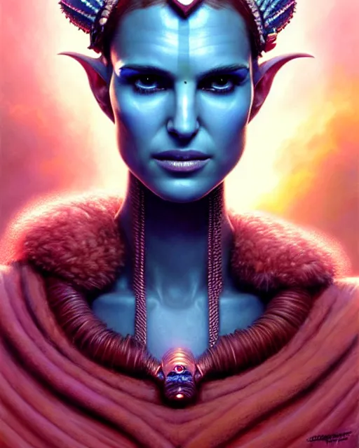 Image similar to natalie portman as a naʼvi from avatar fantasy character portrait, ultra realistic, wide angle, intricate details, blade runner artifacts, highly detailed by peter mohrbacher, boris vallejo, hajime sorayama aaron horkey, gaston bussiere, craig mullins
