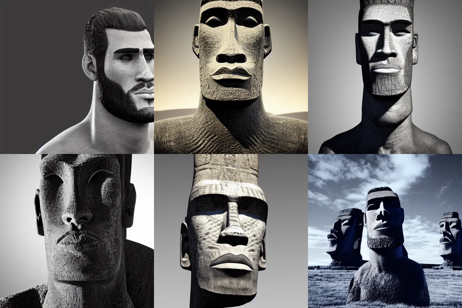 Prompt: Gigachad as an Easter Island head, trending on artstation, unreal engine, artstationHQ, black and white, studio lighting, studio photo