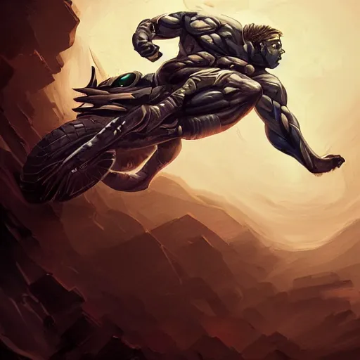 Image similar to muscular man riding jumping motorcycle through the air from demons, digital painting, muted colors, illustration, artgerm, artstation