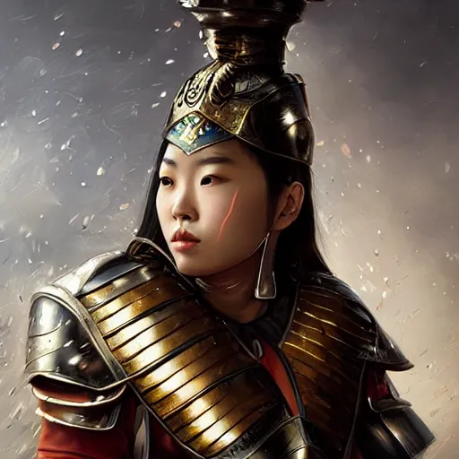 Prompt: portrait of a beautiful young chinese warrior in armor, by artgerm, nick silva, ja mong, greg rutkowsky, digital, soft painting, photorealism, skin reflections