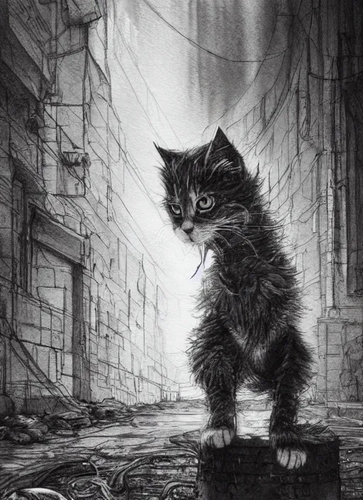 Prompt: portrait, depressed scruffy kitten wanders a scary sewer, watercolor, dramatic lighting, cinematic, establishing shot, extremely high detail, foto realistic, cinematic lighting, pen and ink, intricate line drawings, by Yoshitaka Amano, Ruan Jia, Kentaro Miura, Artgerm, post processed, concept art, artstation, matte painting, style by eddie mendoza, raphael lacoste, alex ross