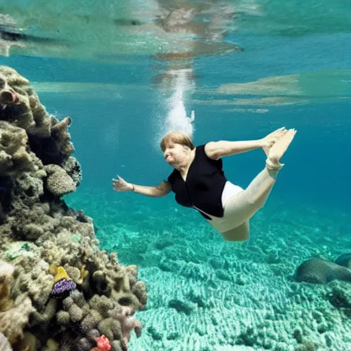 Prompt: angela merkel under water dives through a coral reef, 8k photography