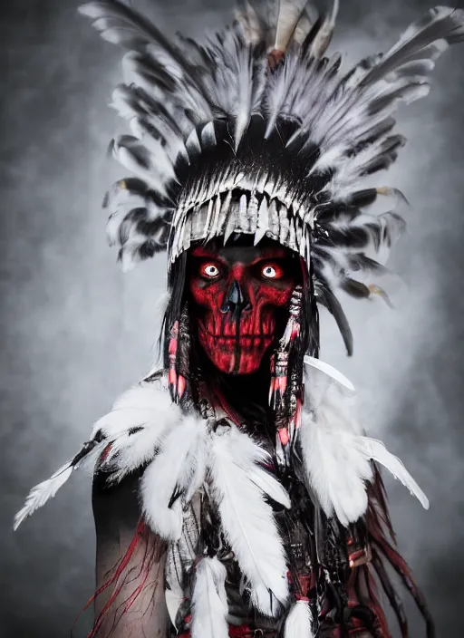 Image similar to the ghost - spirit of the grim - warpaint wears the scarlet skull armor and native blood headdress feathers, midnight fog - mist!, realism, cinematic lighting, various refining methods, micro macro autofocus, ultra definition, award winning photo