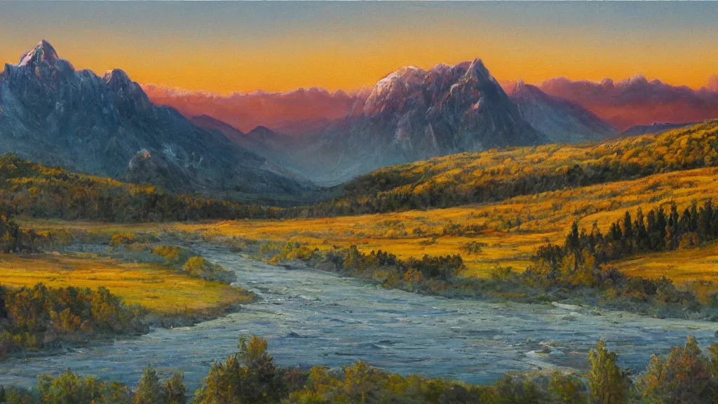 Prompt: The most beautiful panoramic landscape, oil painting, where the mountains are towering over the valley below their peaks shrouded in mist. An enormous flock of birds is coming, The sun is just peeking over the horizon producing an awesome flare and the sky is ablaze with warm colors and stratus clouds. The river is winding its way through the valley and the trees are starting to turn yellow and red, by Greg Rutkowski, aerial view
