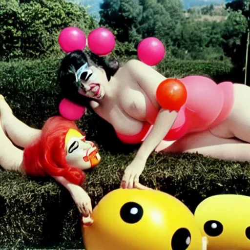 Prompt: 1976 glamorous thicc woman wearing an inflatable smiley head, wearing a dress, in a small village full of inflatable animals, 1976 French film archival footage technicolor film expired film 16mm Fellini new wave John Waters Russ Meyer movie still