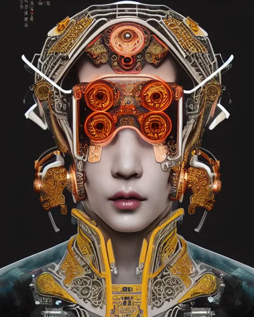 Image similar to portrait of a cyberpunk machine, machine face, upper half portrait, decorated with chinese opera motifs, asian, fine china, traditional chinese art, intricate, elegant, highly detailed, symmetry, headpiece, digital painting, artstation, concept art, smooth, sharp focus, illustration, art by artgerm and greg rutkowski and alphonse mucha, 8 k