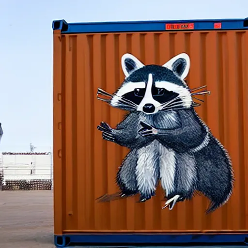 Prompt: raccoon graffiti on shipping container,