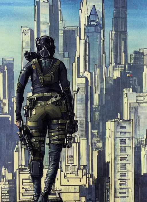 Image similar to Dinah. USN special forces operator looking at city skyline. Agent wearing Futuristic stealth suit. rb6s Concept art by James Gurney, Alphonso Mucha.