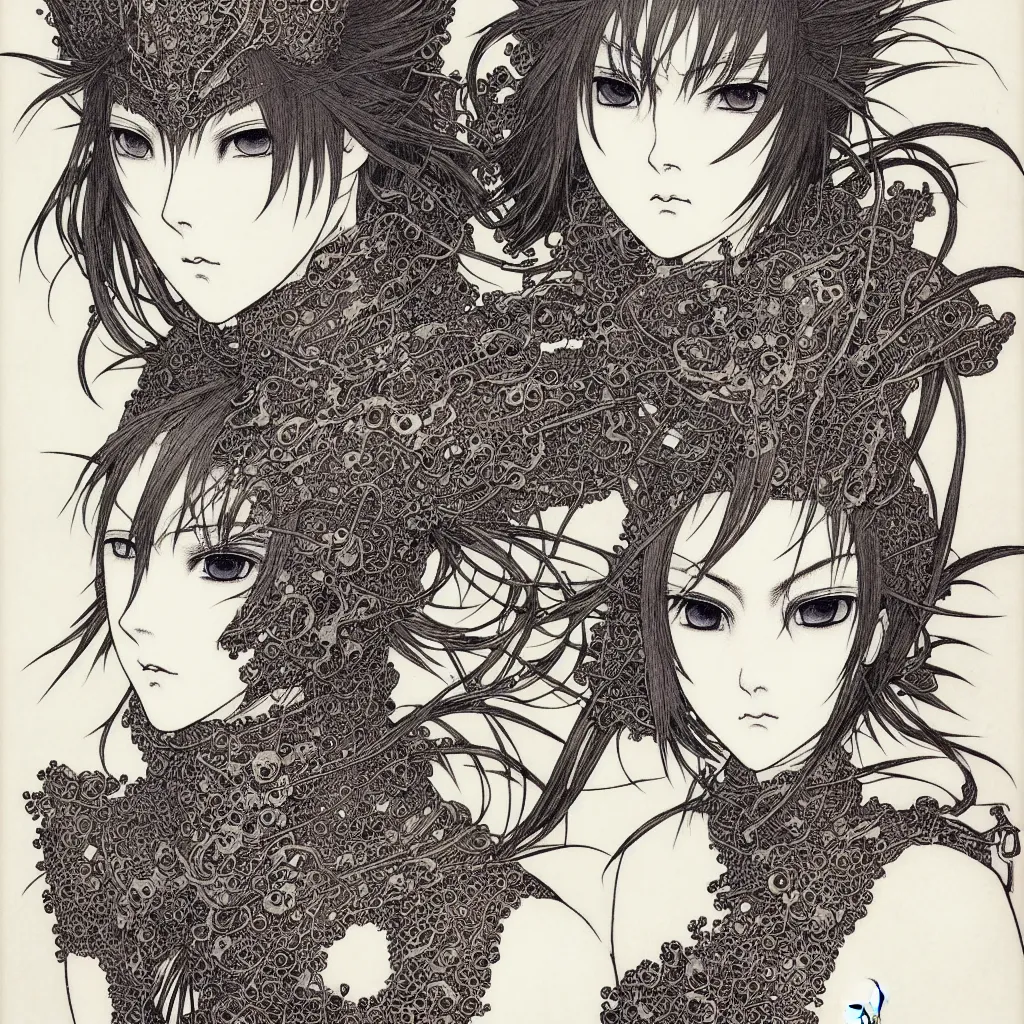Image similar to prompt: one human Fragile looking character portrait face drawn by Takato Yamamoto, Human inside modernistic looking armor with wild hairstyle, inspired by Evangeleon, clean ink detailed line drawing, intricate detail, manga 1980, poster composition