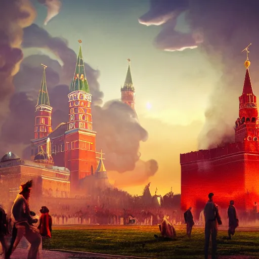 Image similar to huge explosion in Red Square Kremlin in the form of cotton plant, clubs of smoke are cotton plants, beautiful dynamic lighting, cinematic, establishing shot, extremely high detail, photo realistic, cinematic lighting, post processed, concept art, artstation, matte painting, style by frederic church, raphael lacoste, unreal engine 8k