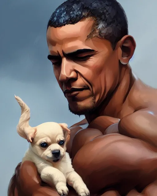 prompthunt: gigachad barack obama bodybuilder holding a cute puppy in final  fight mountain by ilya kuvshinov, ernest khalimov body by krista sudmalis,  fantasy character portrait, ultra realistic, concept art, intricate  details, elegent