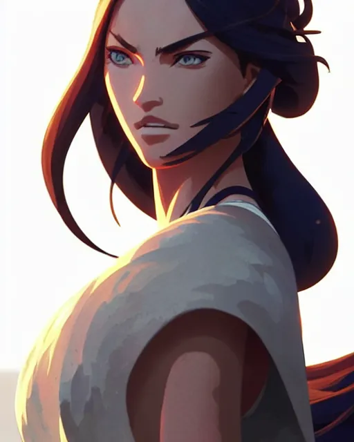 Image similar to azctec warrior, megan fox, detailed perfect face, exquisite details, fire magic, mid view, design on a white background, by studio muti, greg rutkowski makoto shinkai takashi takeuchi studio ghibli