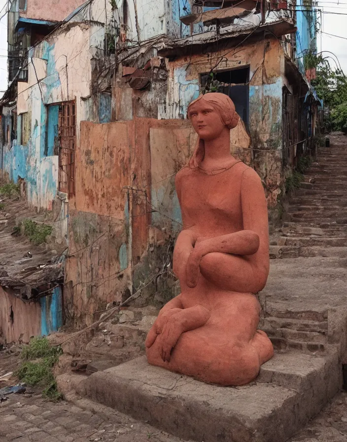 Prompt: vintage color photo of a vitalik buterin terracotta sculpture in the middle of a poor brazilian favela street, image by werner herzog