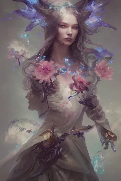 Prompt: beautiful girl necromancer exploding into flowers, angels, 3 d render, hyper - realistic detailed portrait, holding electricity, ruan jia, wlop. scifi, fantasy, hyper detailed, octane render, concept art, peter mohrbacher