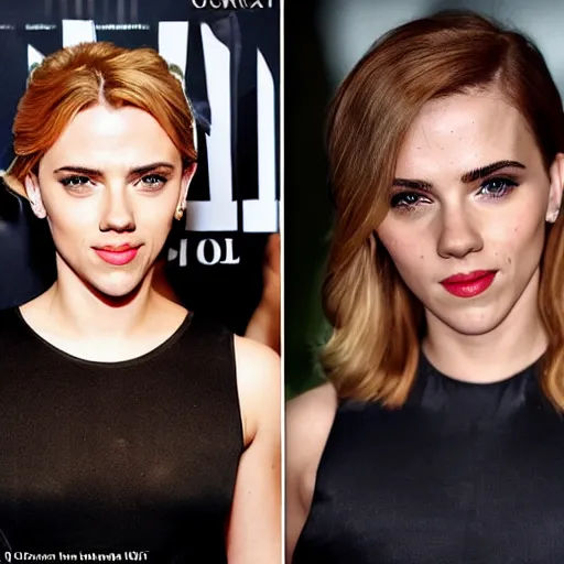 Image similar to a woman who is a genetic combination of scarlett johansson and emma watson face and upper - body focus