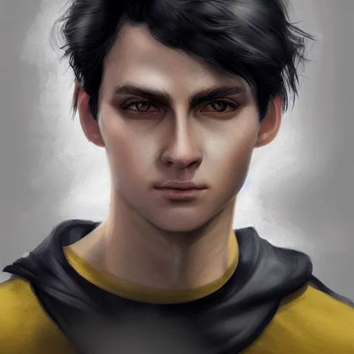 Image similar to ultra realistic illustration, a young man with black hair, in a yellow t - shirt, with blue eyes, highly detailed, digital painting, artstation, concept art, smooth, sharp focus, illustration