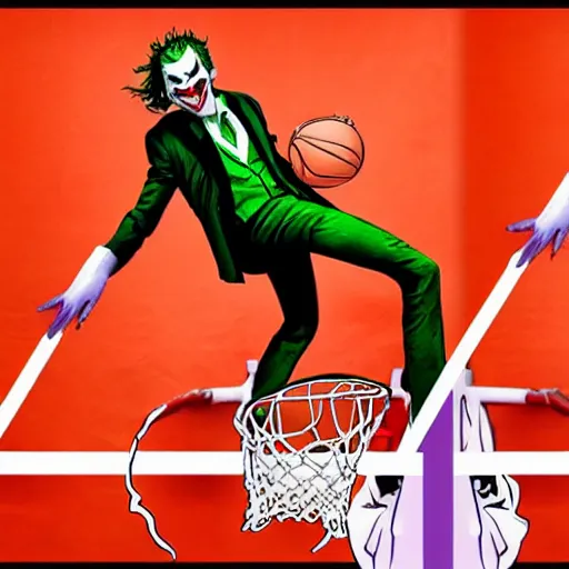 Image similar to photograph of the joker from batman dunking, highlights of the 2 0 1 9 nba slam dunking contest