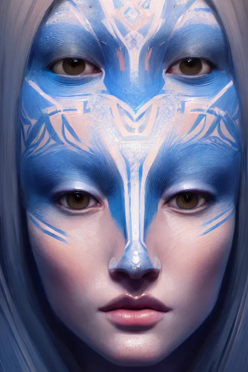 Image similar to ultra detailed facial portrait of beautiful nordic woman, blue eyes, wearing a tribal mask, extremely detailed digital painting, in the style of fenghua zhong and ruan jia and jeremy lipking and peter mohrbacher, mystical colors, rim light, beautiful lighting, 8 k, stunning scene, raytracing, octane, trending on artstation