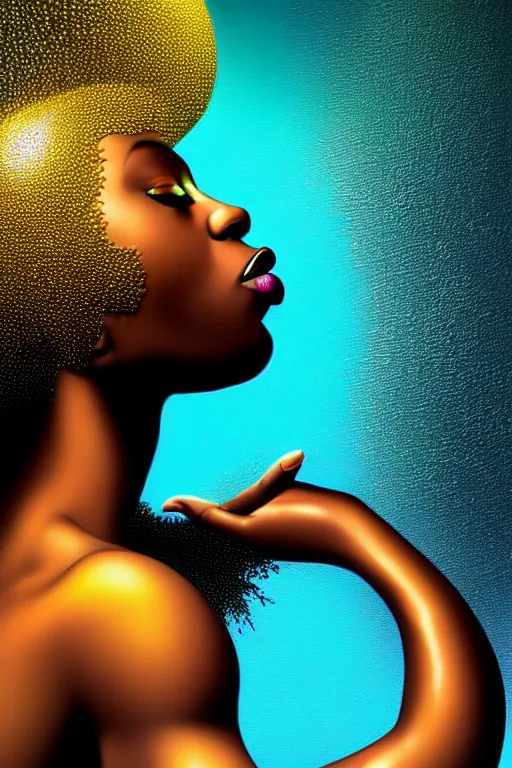 Image similar to hyperrealistic precisionist cinematic profile very expressive! black oshun goddess, staring in water!, mirror dripping droplet!, gold flowers, highly detailed face, digital art masterpiece, smooth eric zener cam de leon, dramatic pearlescent turquoise light on one side, low angle uhd 8 k, shallow depth of field
