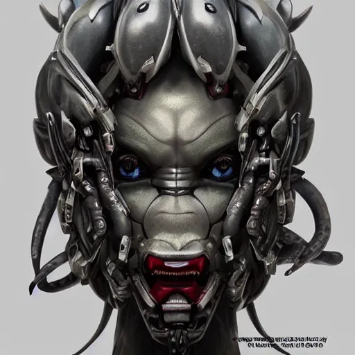 Image similar to a mech version of asian medusa bust, with a septum nose ring, sultry cruel eyes, very symmetrical, highly detailed, by vitaly bulgarov, by joss nizzi, by ben procter, by steve jung, concept art, quintessa, metal gear solid, transformers cinematic universe, concept art world, pinterest, artstation, unreal engine