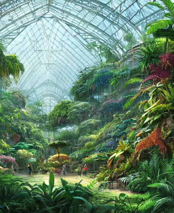 Image similar to an enormous conservatory greenhouse, overgrown with exotic fungus, overgrown with huge ferns, noon, sun drenched, partly cloudy, by dan mumford, yusuke murata, makoto shinkai, ross tran, cinematic, unreal engine, cel shaded, featured on artstation, pixiv