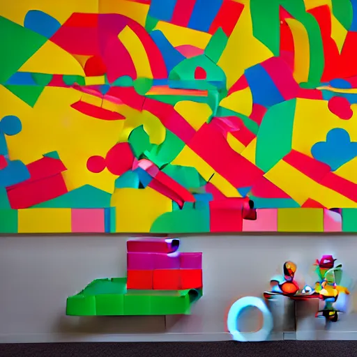 Image similar to a large rubber duck sits alone in a large room next to a birthday cake made out of lego bricks. the walls are covered with colorful wall paintings in the style of sol lewitt.