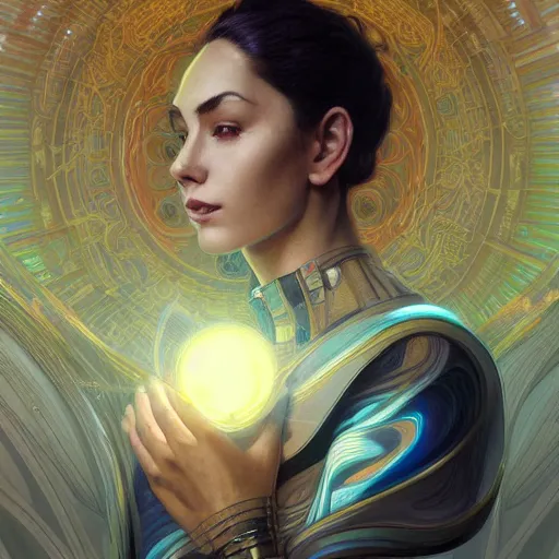 Image similar to portrait of a techno wizard astronaut with an epic cosmic background, intricate, elegant, highly detailed, digital painting, artstation, smooth, sharp focus, illustration, art by artgerm and greg rutkowski and alphonse mucha and erak note