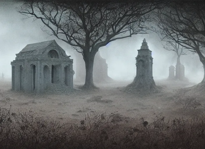 Prompt: matte painting of overgrown mausoleum in a forgotten wasteland, Zdzislaw Beksinski, Lewis Jones, mattias adolfsson, cold hue's, warm tone gradient background