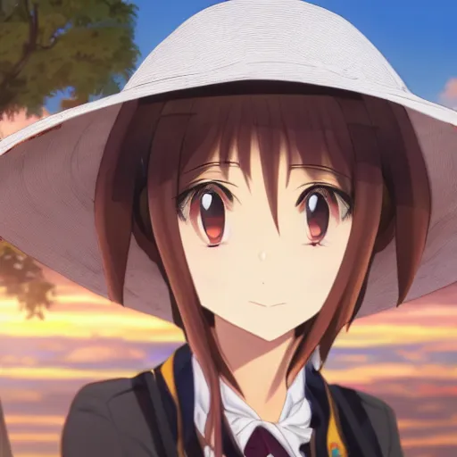 Prompt: closeup of an Anime girl wearing a colombian hat with the city of Armenia Quindio in the background, Artwork by Makoto Shinkai, official media, 8k, wallpaper, high definition, wallpaper, hd, digital artwork