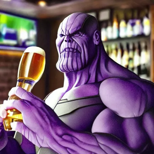 Image similar to thanos drinking beer at a bar