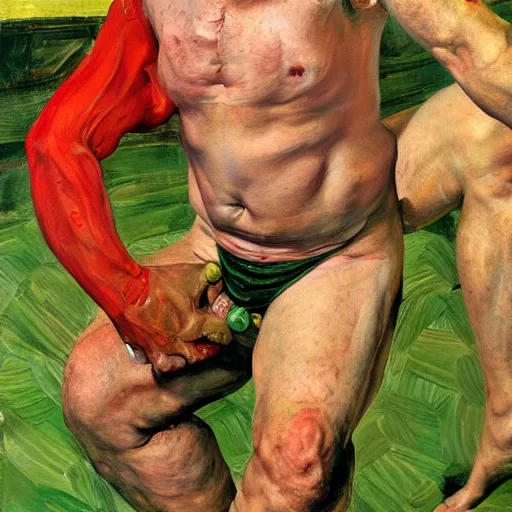Image similar to high quality high detail painting by lucian freud and frank frazetta, hd, red and green